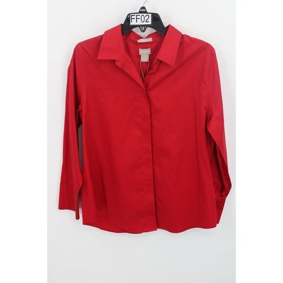 Chicos 1 No Iron S Sateen Tunic Top Button Front Red Stiletto Long Sleeve NEW - Picture 1 of 7